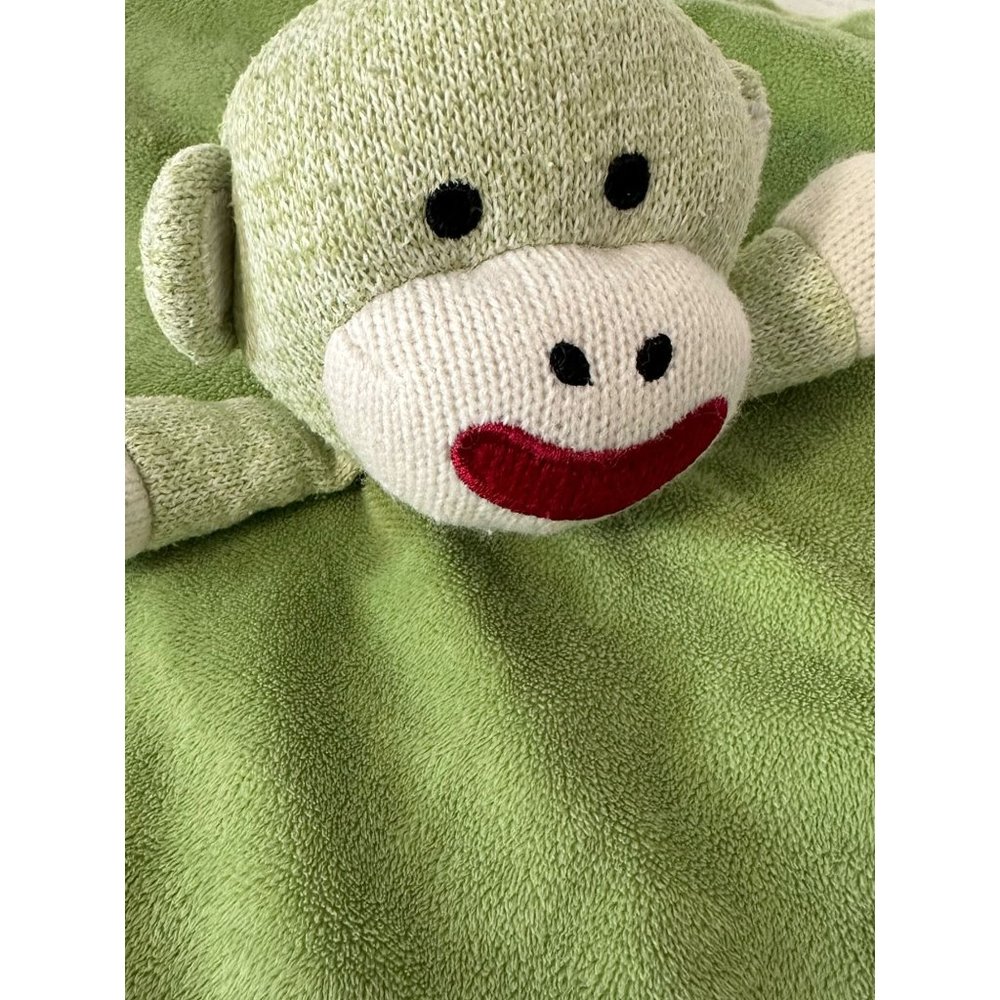 Magic Years Green Sock Monkey Rattle Lovey Security Blanket Satin Back Plush